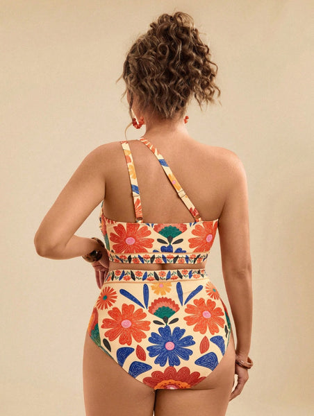 Multicolor Floral One-Shoulder Bikini Set