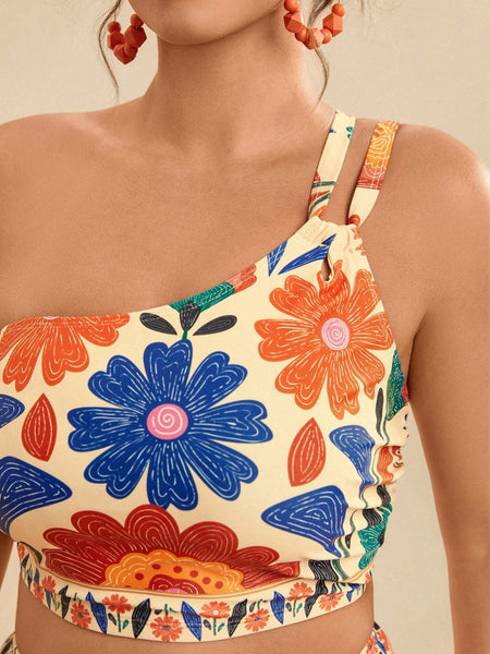 Multicolor Floral One-Shoulder Bikini Set
