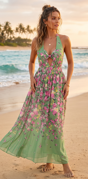 Light Green Floral Plunge Swimsuit With Bikini Top & Beach Skirt