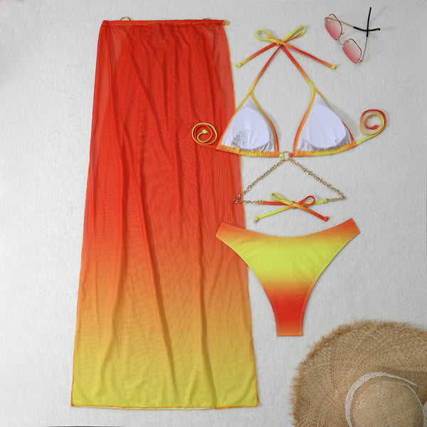 Ombre Halter Top Rash Guard with Detachable Pads and Metal Chain Swimwear Light Orange