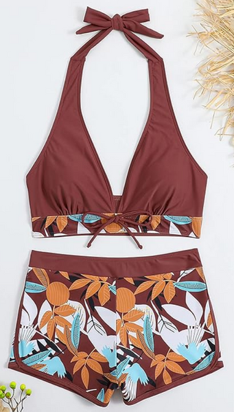 Maroon Tropical Leaf Print Tie Bikini and Boardshorts