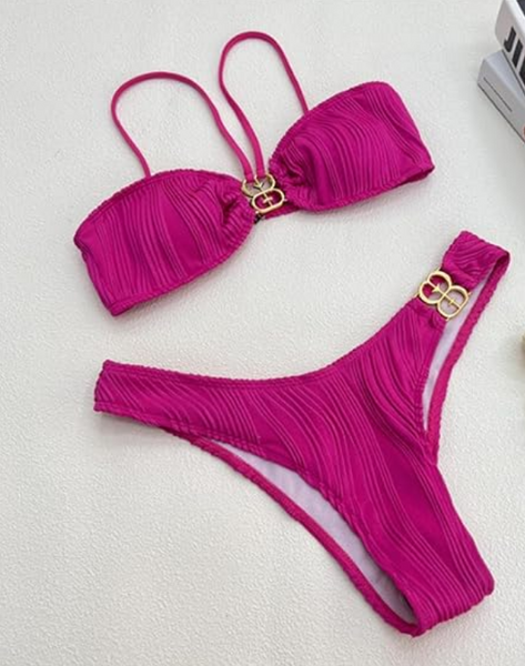 Dark Pink Metallic Detail Textured Two Piece Bikini Swimsuit