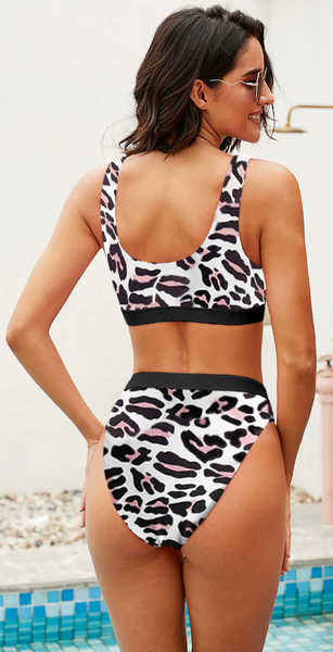 Leopard Athletic Striped Tank High Waisted Swimsuit