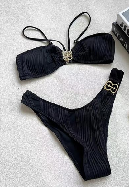 Black Metallic Detail Textured Two Piece Bikini Swimsuit