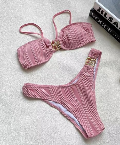 Light Pink Metallic Detail Textured Two Piece Bikini Swimsuit