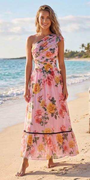 Light Pink Floral One Shoulder One Piece Swimsuit With Beach Skirt