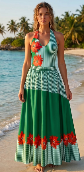 Green Stripes Halter One Piece Swimsuit With Maxi Cover Up