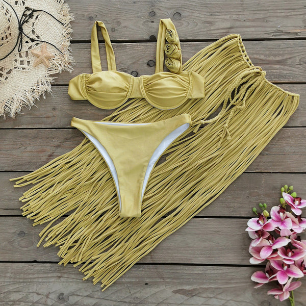 Fringe Bra Top And Skirt Three Piece Swimsuit Light Yellow