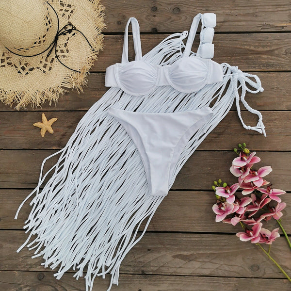 Fringe Bra Top And Skirt Three Piece Swimsuit White