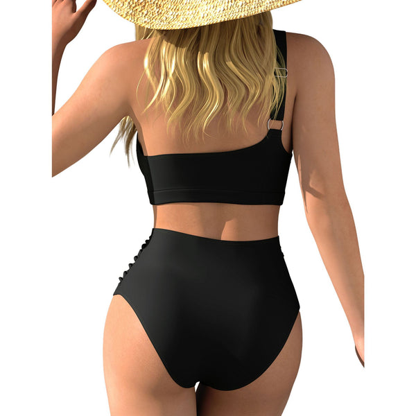Black Solid One Shoulder Bikini Set
