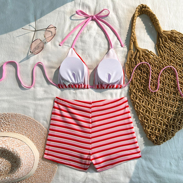 Red Stripes Boyshort Bikini Set