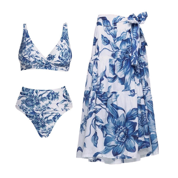 Blue Floral High Waisted Bikini Set With Sarong