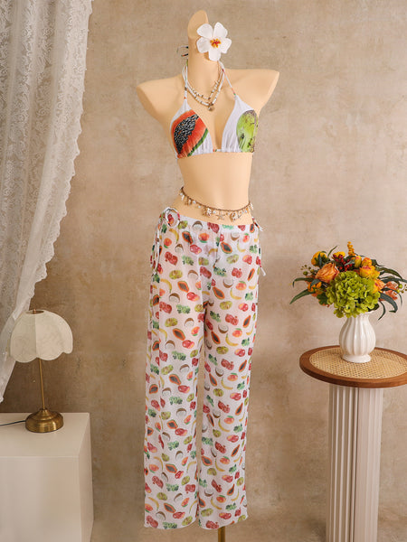 White Fruit Print Halter Bikini Set With Beach Pants
