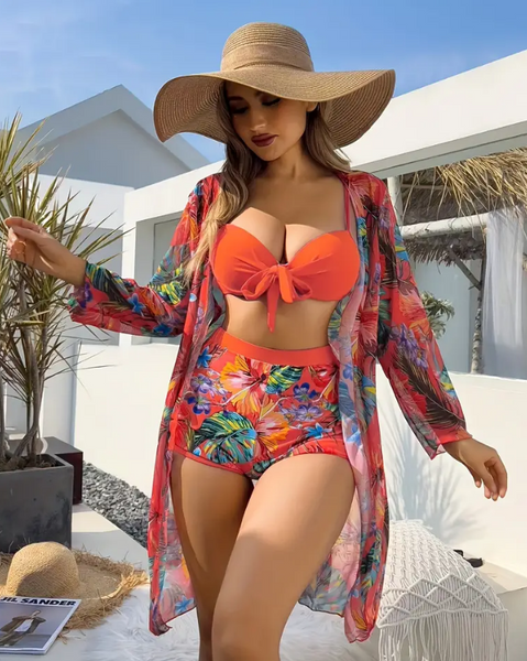 Tropical Print Underwire Bikini Swimsuit With Kimono Orange