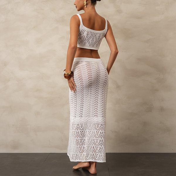 White Solid Open Knit Crochet Crop Top With Skirt