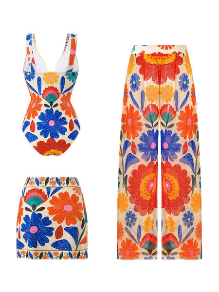 Multicolor Tropical Deep V One Piece Swimsuit With Beach Skirt & Beach Pants