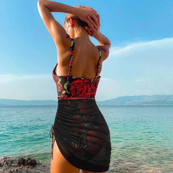 Black Floral Ruched Swimsuit