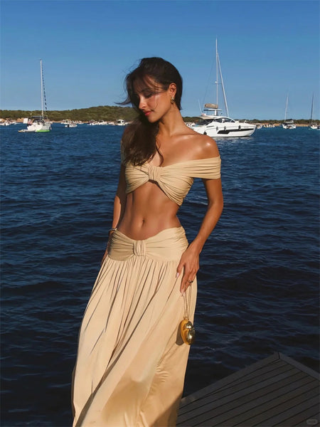 Gold Solid One Shoulder Bikini Set With Beach Skirt