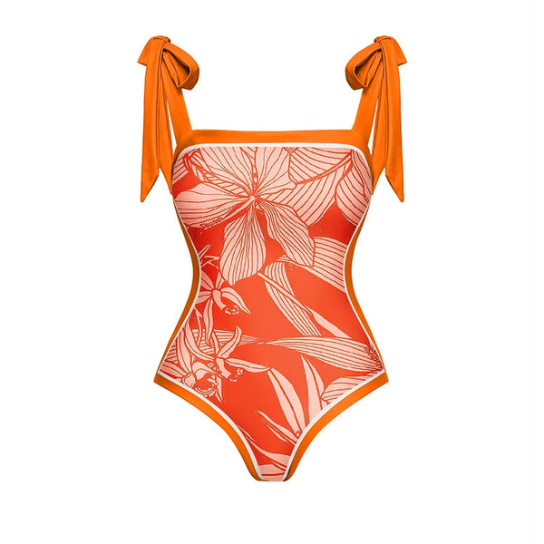 Orange Floral Tummy Control Swimsuit With Sarong