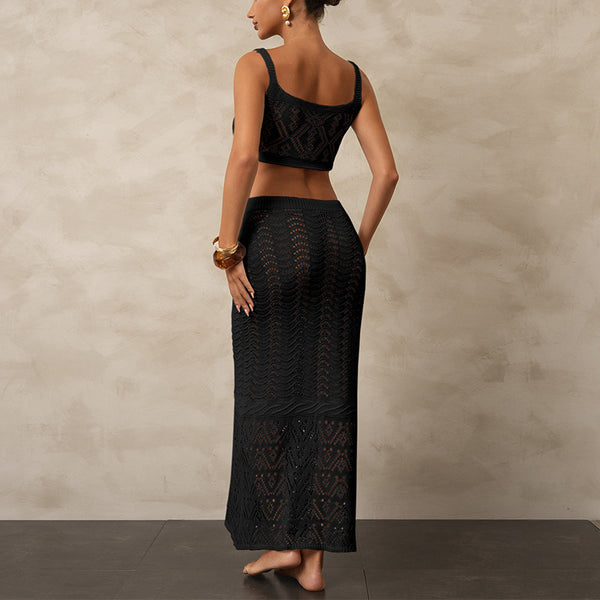 Black Solid Open Knit Crochet Crop Top With Skirt
