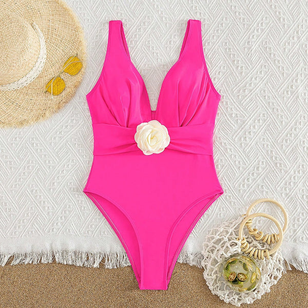Shoulder Strap Flower Decor One Piece Swimwear Pink