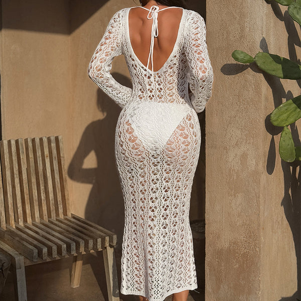 White Solid Crochet Knit Long Sleeve Beach Dress