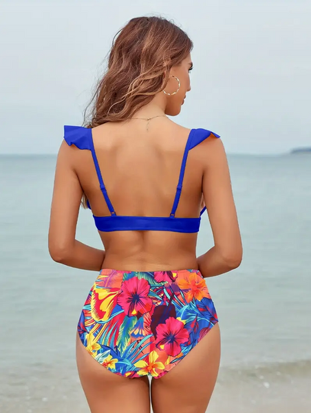 Tropical Print V Neck Ruffle Trim High Cut Two Pieces Swimsuit Blue