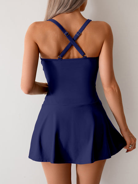 Dark Blue Solid Skirted One Piece Swimsuit