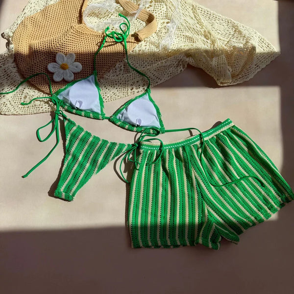 Green Stripes Halter Bikini Set With Beach Shorts