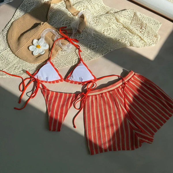 Orange Stripes Halter Bikini Set With Beach Shorts