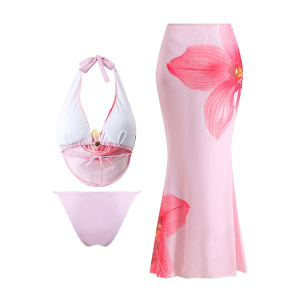 Pink Floral Halter Bikini Set With Beach Skirt