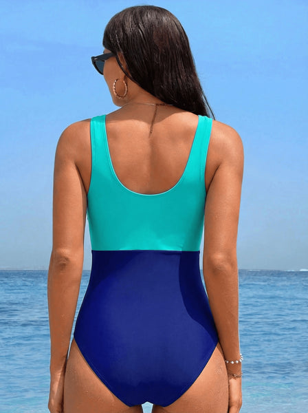 Blue Colorblock Tummy Control Swimsuit