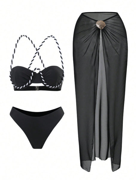 Black Solid Underwire Bikini Set With Sarong