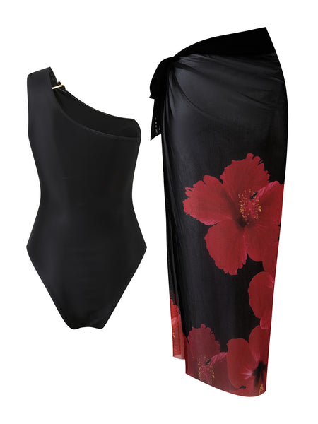 Black Floral One Shoulder One Piece Swimsuit With Sarong