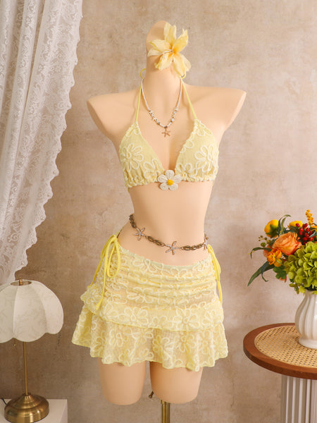 Yellow Lace Texture Halter Bikini Set With Beach Skirt