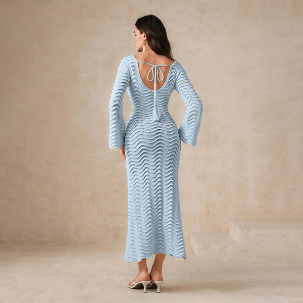 Blue Solid Crochet Knit Long Flare Sleeve Beach Dress
