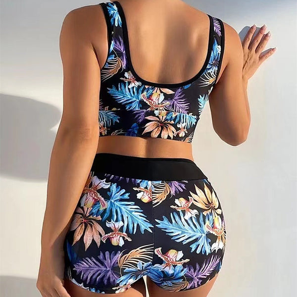Tropical Plant Print Deep V Neck Two Pieces Set Tankini with Short Bottoms Black