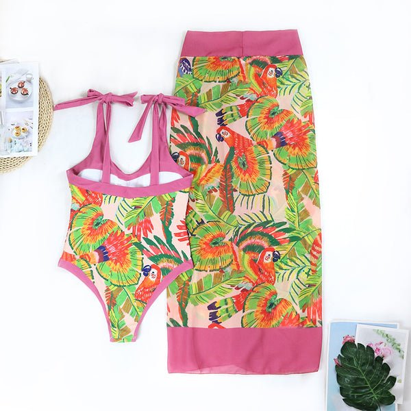 Pink Parrot Printed Swimwear Two Piece Set