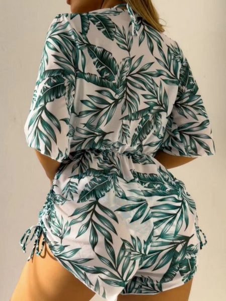 Leaf-print Waist Lace-up Three-Piece Bikini Set Long-sleeved Swimsuit White