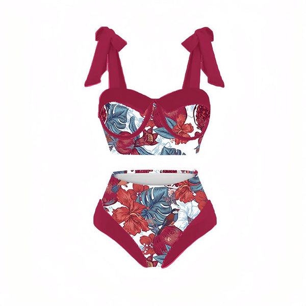 Ruched Three Piece Straps Boy Short Bathing Suites Swimsuit with Skirt Maroon