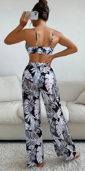 Tropical print bikini swimsuit with cover up pants Black