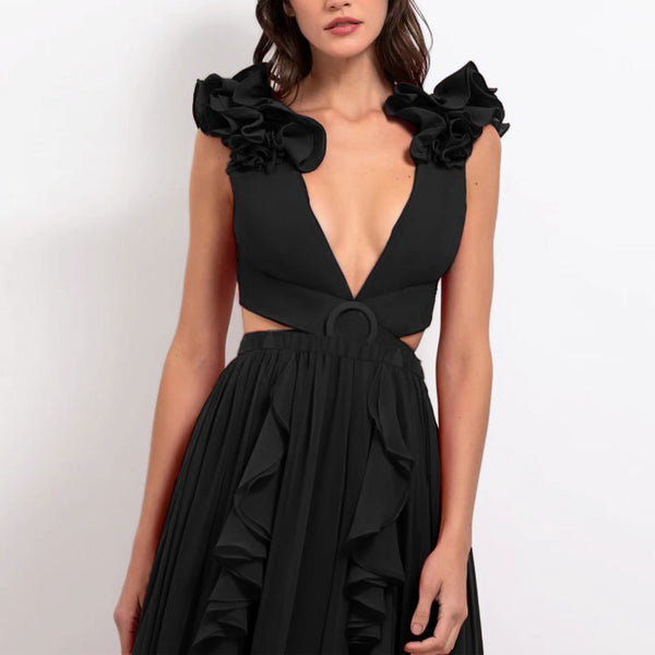 Black Solid Ruffle One Piece Swimsuit With Beach Skirt