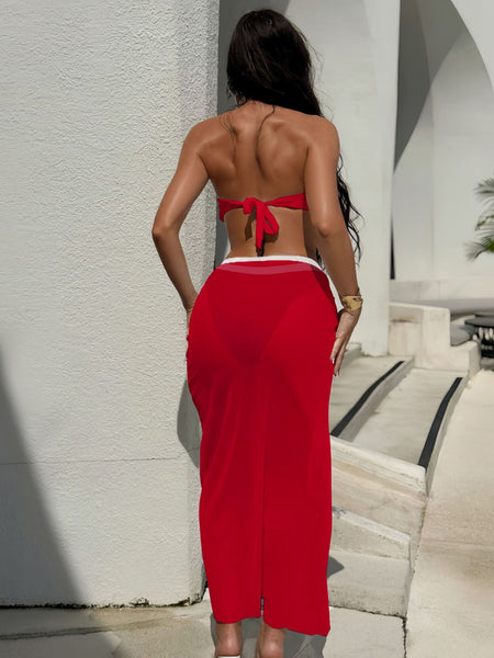 Red Solid Bikini Set Beach Skirt