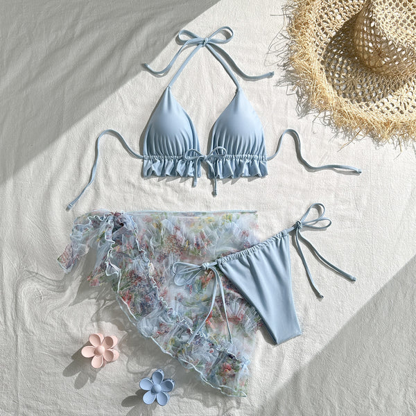 Sky Blue Floral Halter Bikini Set With Sarong