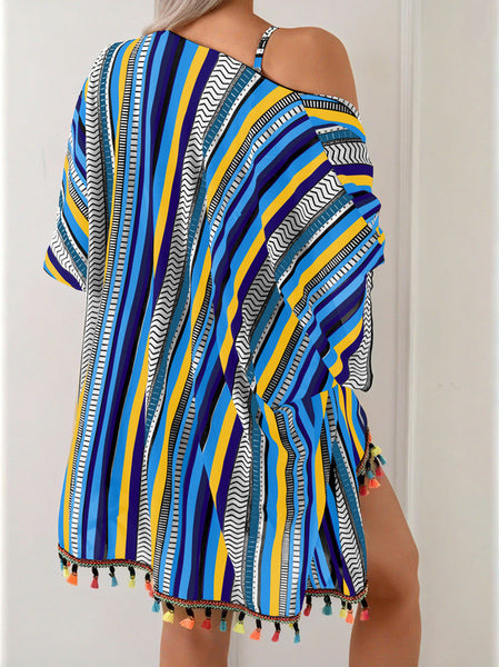 Blue Abstract Bikini Set Shirt Cover-Up Beach Shorts