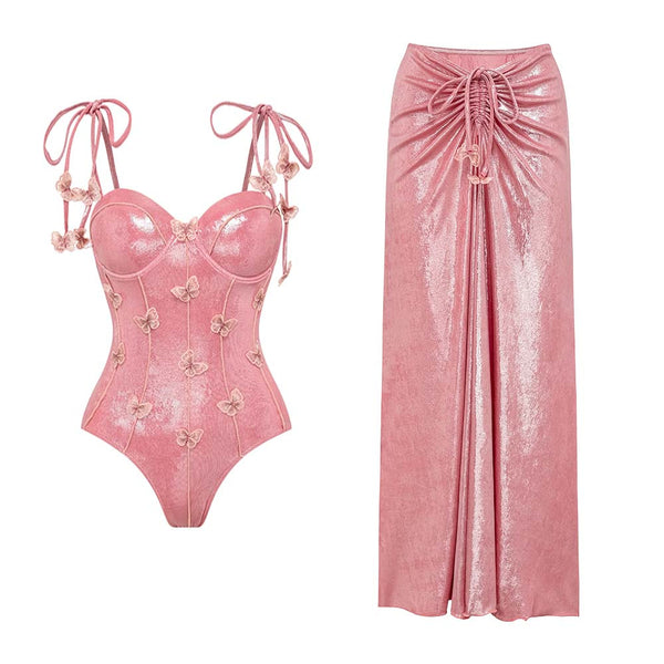 Pink Solid Underwire One Piece Swimsuit With Beach Skirt
