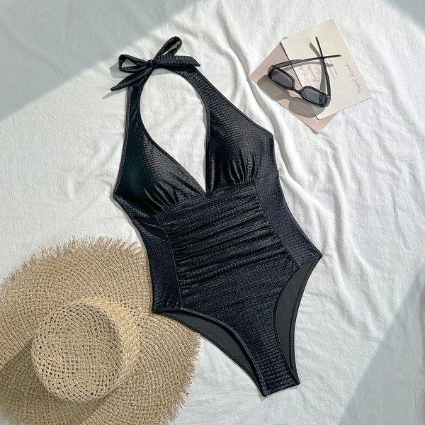 Black Solid Halter One Piece Swimsuit