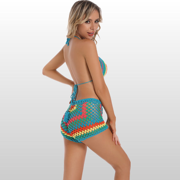Sky Blue Halter Neck Strap High Waist Boxer Knitted Bikini Set