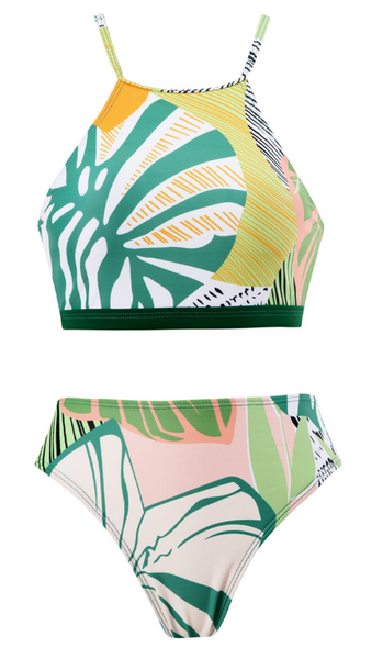 Tropical Print Bikini Set With Cover Up Skirt Green