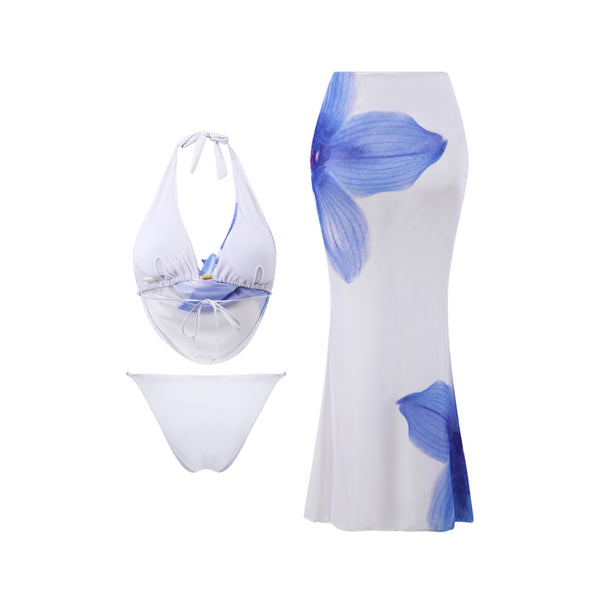 White Floral Halter Bikini Set With Beach Skirt